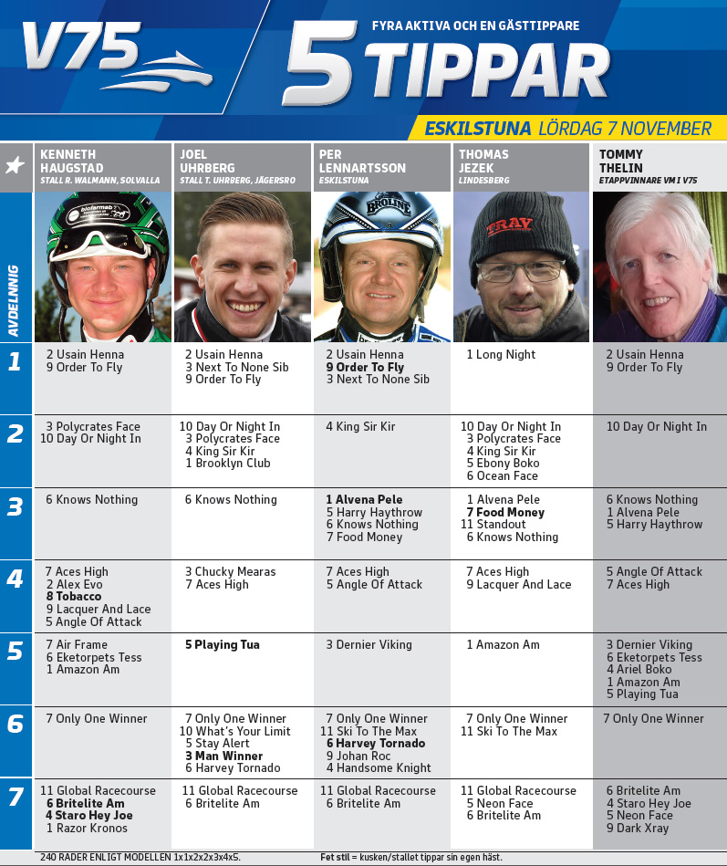 Fem tippar V75 - Eskilstuna lördag